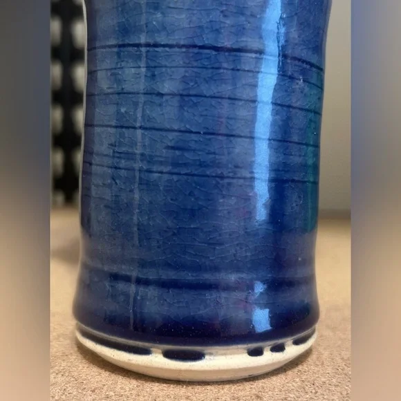 Modern Rustic Studio Pottery Vase Cobalt Blue Signed Artisan Decor Vintage Home - Picture 10 of 14